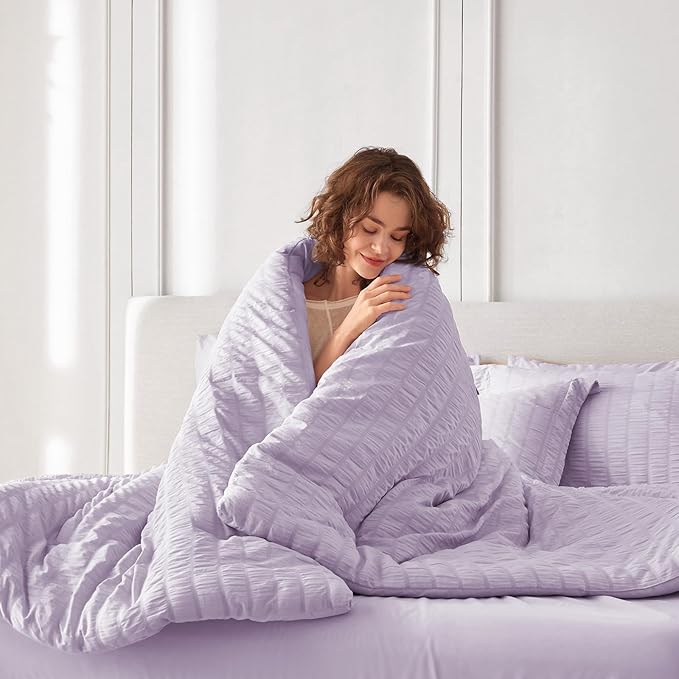 MUXHOMO 7 Pieces Queen Comforter Set, Seersucker Bed in a Bag Queen Size, All Season Luxury Bedding Set with Comforter, Flat Sheet, Fitted Sheet, Pillowcases & Shams, Lavender