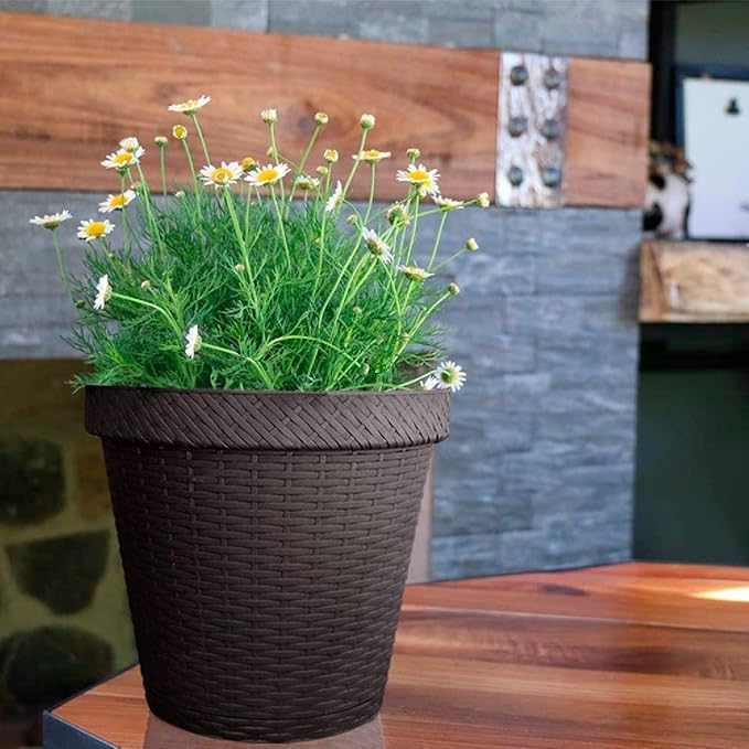 Elly Décor Set of 2 12 inch Round Saucer Modern Self Watering Planter Plates, Pots with Rattan-Like Finish, 12x12 Gray