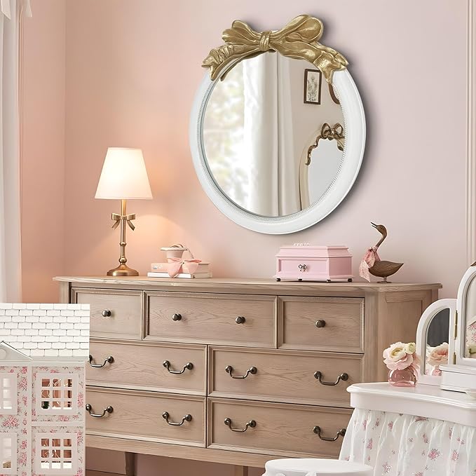 26x26 inch Bow Antique Mirrors for Wall, Round White and Gold Decorative Wall Mounted Mirror, Circle Antique Mirrors Suitable for Bedroom, Hallway, Living Room Decoration, Bathroom Sink