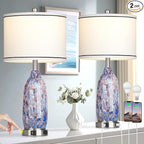 26" Coastal Glass Table Lamps Set of 2 for Living Room, 3 Way Touch Bedside Lamp for Bedroom, Nautical Beachy Lamp with USB A+C Ports and AC Outlet for Nightstand, 2 LED Bulbs Included