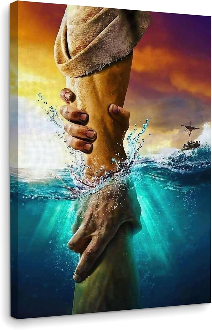 Framed Jesus Christ Canvas Wall Art The Hand of God Jesus Reaching Into Water Christian Painting Prints Biblical Wall Decor Religious Room Decor for Church Prayer Room Schools Hospitals 16" x 24"