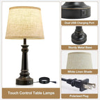 Touch Lamps for Nightstand Set of 2 - Black Table Lamp for Bedroom 3 Way Dimmable Bedside Lamp with USB C+A Ports - Lamps for Night Stands Living Room End Table,2 LED Bulbs Included