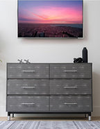 Grey Dresser for Bedroom, 6 Drawer Wood Dresser with Modern Storage Organizer, Wide Chest of Drawers for Clothes, Closet, Living Room