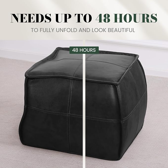 Genuine Leather Square Pouf Ottoman Footstool for Living Room, Bedroom, Indoor (Black)