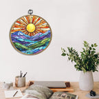 Colorful Mountain Sunset Bohemian Style Rainbow Sunrise Art Gift Framed Round Wall Decor Canvas Wall Art Hanging Prints Artwork for Home Nursery Bedroom Door Office Porch Decorations 10.2X10.2 Inch
