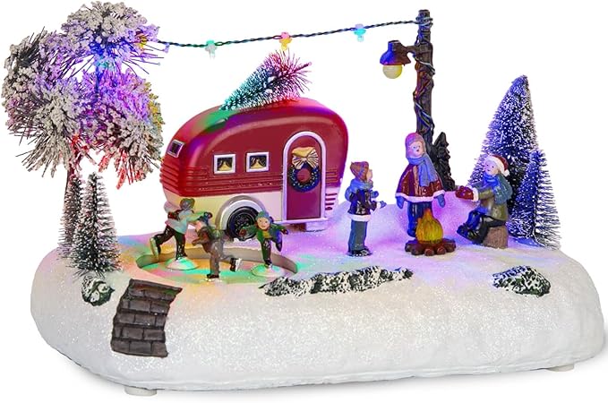 Animated Christmas Camper Village Building, Illuminated LED Light Christmas Village House Scene Holiday Collection Indoor Decorations for Table, Fireplace, and Shelf, Musical and Battery Operated