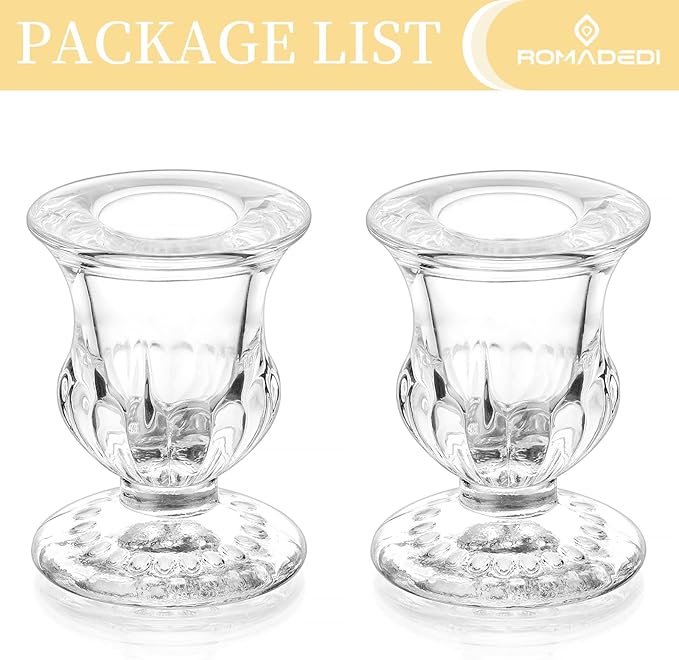 Romadedi Glass Taper Candle Holders - Clear Small Candlestick Holder Bulk, Thicker Glass Candle Sticks Set for Wedding Christmas Party Dining Table Table Centerpiece Decor, 2Pcs