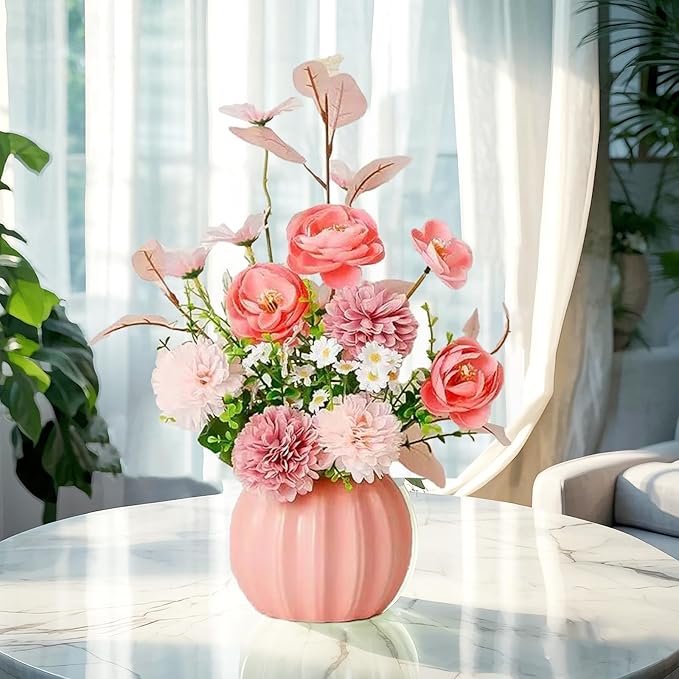 Artificial Flowers, Fake Flowers in Vase, Silk Flowers with Ceramic Vase, Faux Flowers Arrangement for Homes, Restaurants Decoration Dining Table Centerpiece Decor (Pink)
