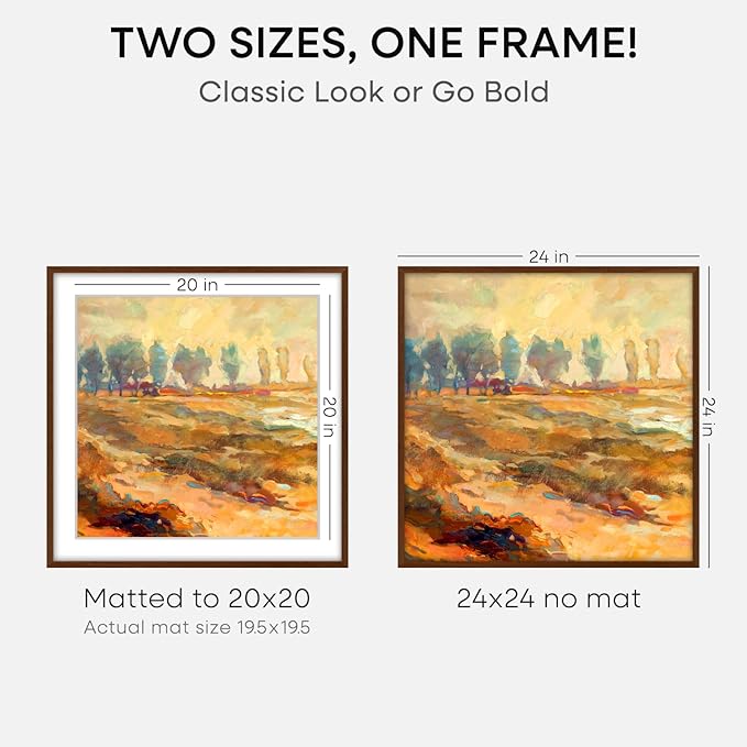 Homeforia 24x24 Picture Frame Brown, High End Dark Oak 24 x 24 Square Wood Frame with Mat 20 x 20 for Photo, 24by24 Wooden Walnut Poster Frame Matted to 20x20 Print, Tempered Glass, Wall Kit, Set of 1