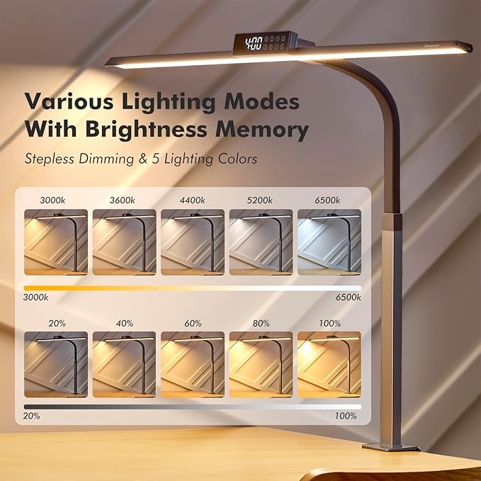 G Keni 3400 Lumen Architect Desk Lamp with Clock for Home Office, 31.5″W x 27″H, Ultra Bright Auto-Fill Brightness Desk Lamps with Timer, Gooseneck Touch LED Light for Work/Study/Read (Clamp)
