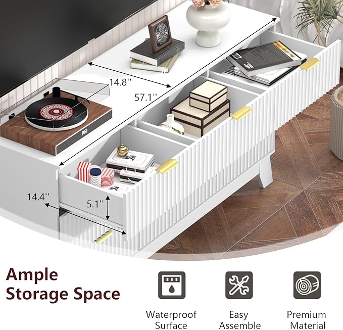 Fluted Dresser for Bedroom,9 Drawer Dresser for Closet,57" Wide Storage Cabinet and Chest of Drawers with Gold Handle,TV Stand,Storage Organizer for Living Room,Hallway,Entryway,White