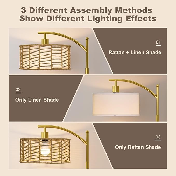 Oneach 62.5'' Gold Arc Floor Lamp for Living Room, Rattan Boho Floor Lamp with Remote and Dimmable Bulb, 3 Color Temperatures, Farmhouse Rustic Modern Standing Lamp for Bedroom Office Corner