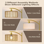 Oneach 62.5'' Gold Arc Floor Lamp for Living Room, Rattan Boho Floor Lamp with Remote and Dimmable Bulb, 3 Color Temperatures, Farmhouse Rustic Modern Standing Lamp for Bedroom Office Corner