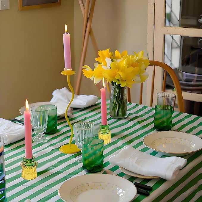 Double Sided Vintage Ribbed Taper Glass Candle Holders,Tea Candle Holder for Table Centerpieces, Wedding Decorations and Dinner Parties (Yellow Green, 3 PCS)