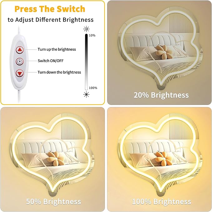 Warm White Heart Acrylic Mirror Neon Signs,Dimmable Heart Shaped Mirror with Neon LED Lights,USB Powered Neon Sign Wall Decor Art Neon Light For bedroom,Family,Wedding,Bar,Party Decor