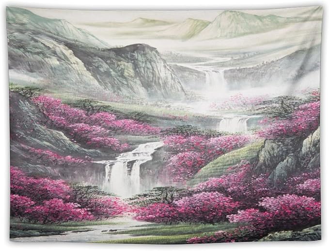 Japanese Tapestry, Red Plum Blossom Mountain Tapestry, Asian Japanese Wall Tapestry, Nature Landscape Tapestries for Bedroom Living Room Decor 80"x60"