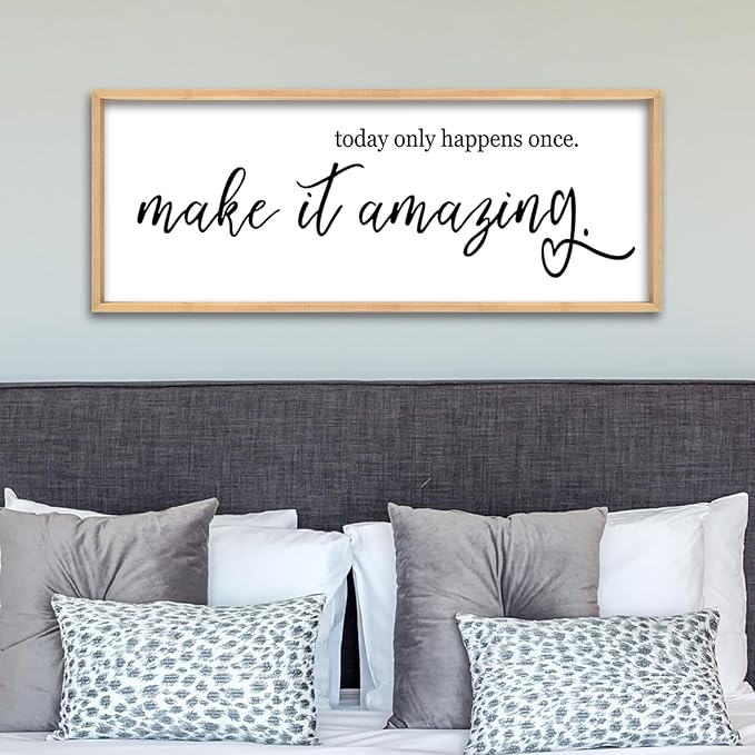 Inspirational Wall Art Today Only Happens Once Make It Amazing Sign 40"×15" Motivational Quote Farmhouse Positive Decor for Home Office Living Room Large Wood Framed Hanging (Wood)