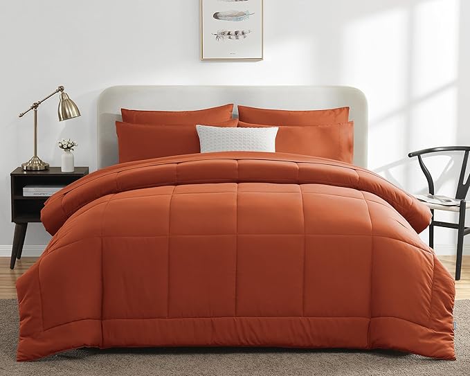 CozyLux Queen Comforter Set Terracotta, 7 Pieces Bed in a Bag, Burnt Orange Fall Comforter Queen Size, All Season Bedding Sets with Stitch Quilted Comforter, Flat Sheet, Fitted Sheet, Pillowcases