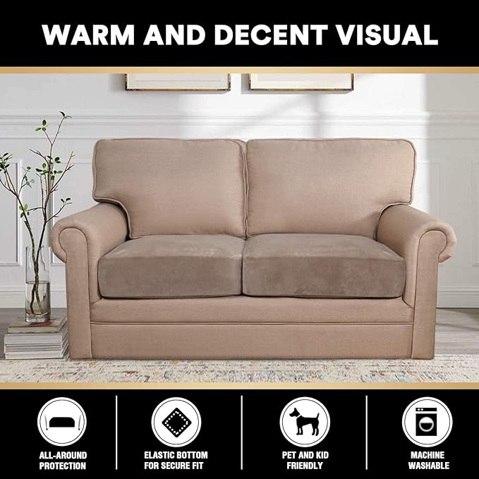 PrinceDeco Velvet Couch Cushion Cover Soft Stretch Cushion Slipcover for Chair Loveseat Sofa Cushion Furniture Protector Seat Cushion Sofa Cover (2 Piece Large Sofa Cushion Covers, Taupe)