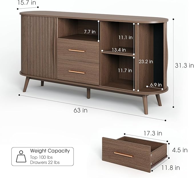 63" Storage Cabinet with Doors,Sideboard Buffet Cabinet, Accent Console Cabinet with Solid Wood Legs and Drawers,Fluted Buffet Table for Living Room, Entryway, Kitchen, Walnut