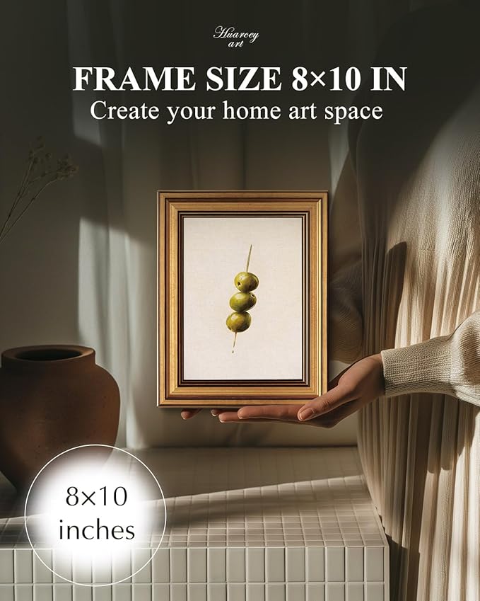 HUARCEY Gold Framed Wall Art for Living Room, Olive Skewers Painting Prints, Vintage Wall Decor for Kitchen, Minimalism Bedroom Wall Art for Home Office A string of olives 10L x 8W