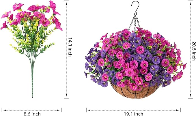 Artificial Faux Hanging Flowers Plants Basket for Spring Summer Outdoors Decoration, Silk Morning Glory with Eucalyptus Look Real UV Resistant Fake Flowers for Outside Porch Patio Balcony Home, Mix
