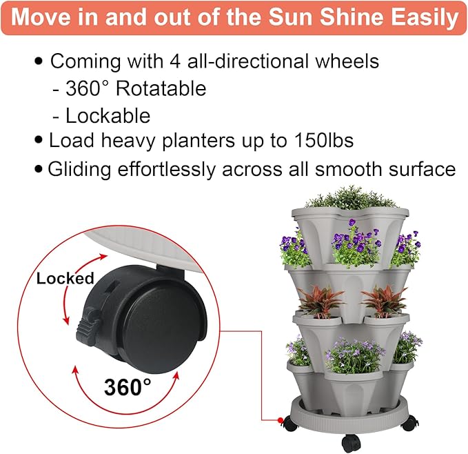 Vertical Planter 4 Tier Stackable Planters Garden Planters Strawberry Herb Flower and Vegetable Planter Indoor Outdoor Gardening Pots with Removable Wheels and Tools