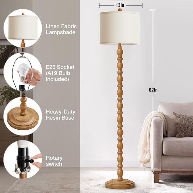 Luvkczc 62" Rustic Floor Lamp with 3 Color Temperatures, Retro Farmhouse Standing Lamp for Living Room, Bedroom, Corner, Dining Room - Rotary Switch Resin Floor Lamps for Home (Brown)