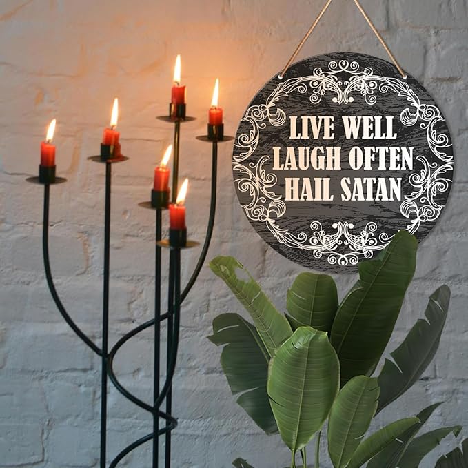 Muktoujaumai Gothic Wall Decor, Satanic Hanging Sign Decor Rustic Witchy Wall Decorations Sign for Gothic House, Living Room, Housewarming Gift for New House Home, Live Well Laugh Often