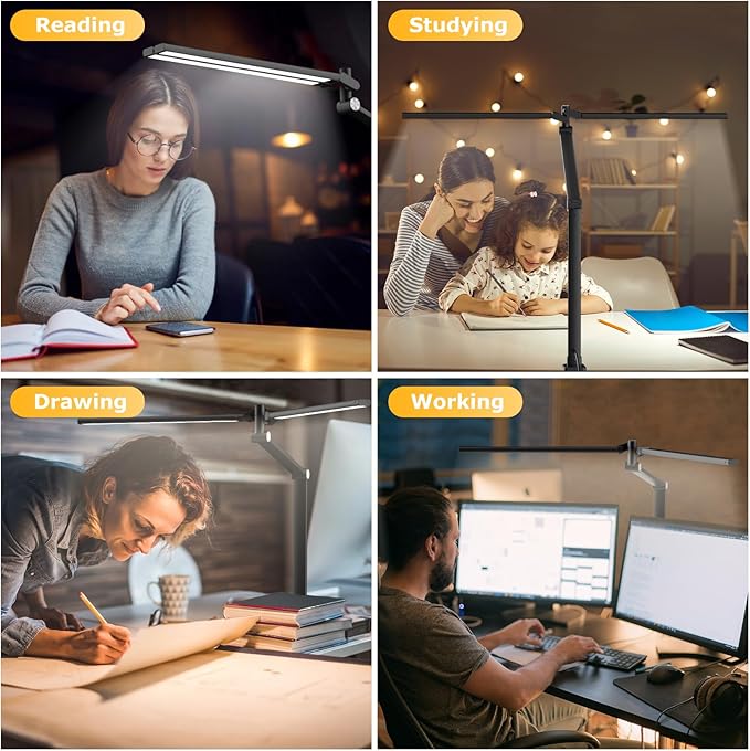 LED Desk Lamp for Home Office, Eye Caring Architect Desk Light with Remote, Dual Screen Computer Monitor Light with Stepless Dimming, Stepless Color Temp, Memory Function for Study, Workbench Black