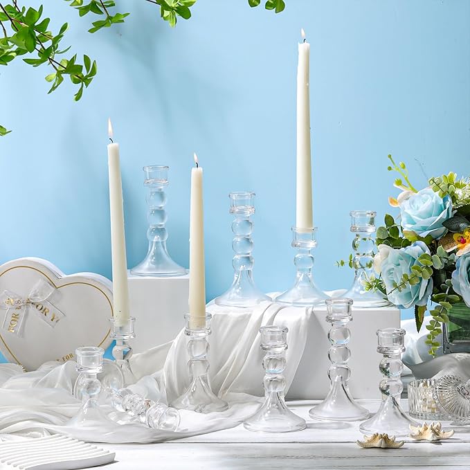 Mumufy 24 Pack Glass Taper Candle Holders Clear Candlestick Holder Fit 0.8 Inch Candles 4'' 6'' 8'' Tall Crystal Decorative Candlestick Stand Centerpiece for Table Wedding Dining Party (Glossy)