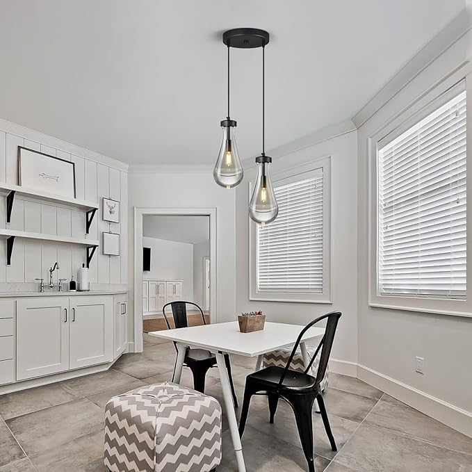 Raindrop Pendant Lights Kitchen Island Teardrop Black Hanging Light Fixtures Clear Solid Glass Pendant Light Modern Chandeliers for Dining Room Porch Corridor Living Room(2-Light)