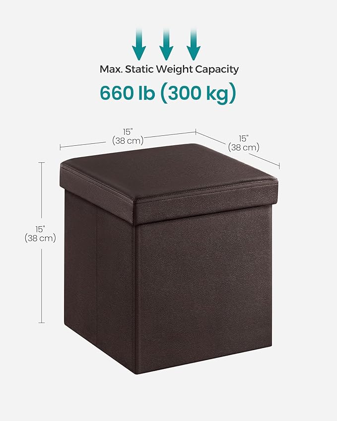 SONGMICS MAZIE Collection - 15 Inches Ottoman with Storage, Footstool, Storage Ottoman, Load 660 lb, for Dorm, Living Room, Bedroom, Synthetic Leather, Brown ULSF10B