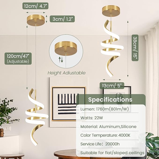 Spiral LED Pendant Light Fixtures, 15IN Modern Pendant Lights Adjustable Height 4000K Gold Kitchen Island Light Chandeliers for Dining Room Hanging Lights, 1 Pack