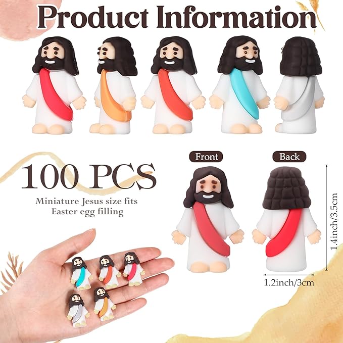 Bememo 100 Pcs Jesus Toys Original Design Mini Rubber Little Jesus Figurine to Hide and Seek Religious Party Favors Sunday School Craft Baptism Gifts for Easter Egg Stuffers (Bohemian Color)