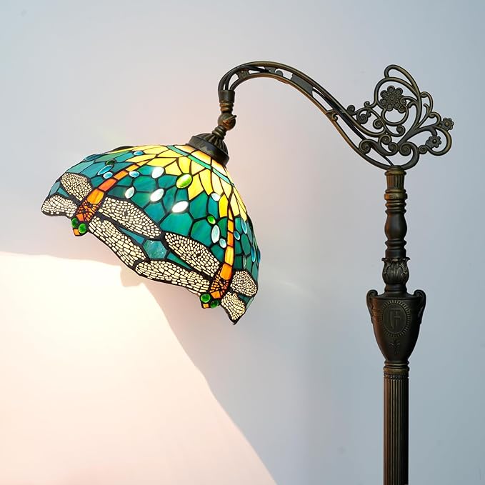 Tiffany Floor Lamp Green Dragonfly Stained Glass Lamp Adjustable Gooseneck Standing Reading Light 63 inches Tall Standing Lamp for Living Room Bedroom and Office