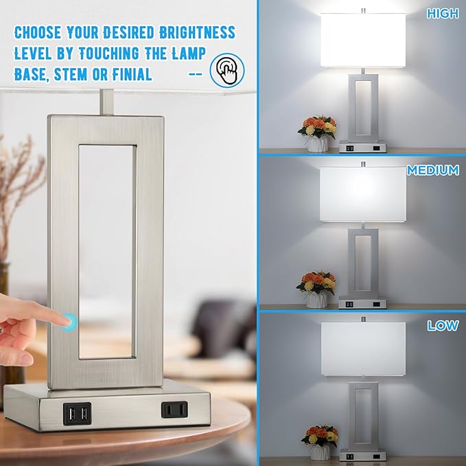 Modern Silver Table Lamps Set of 2, 28inch Tall Lamps for Living Room Bedroom with 2 USB Ports&AC Outlet, 3 Way Dimmable Touch Control Desk Lamps for Reading Home Office, 2 Bulbs Included
