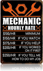 Mechanic Gifts for Men - Garage Metal Tin Signs Vintage Car Shop Accessories Decor Mechanic Hourly Rate Metal Sign 8x12 Inch