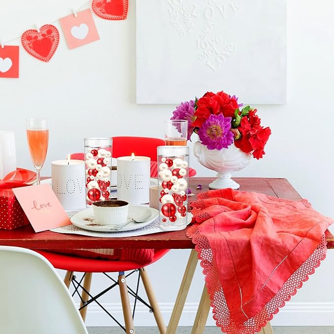 200PCS Red White Faux Pearls Beads for Centerpiece Vases, Vase Filler Faux Pearls, No Holes Filler Beads for Party Anniversary Birthday Wedding Table Decor, 10/14/20/30mm