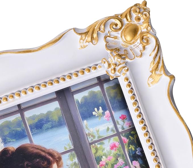 8x10 Vintage Picture Frame with Embossed Flower Design, White Ornate Frame for 8x10 or 5x7 Pictures with White Mat, Hand-Crafted Resin Antique Frames for Tabletop & Wall Hanging, Home Decor (White)