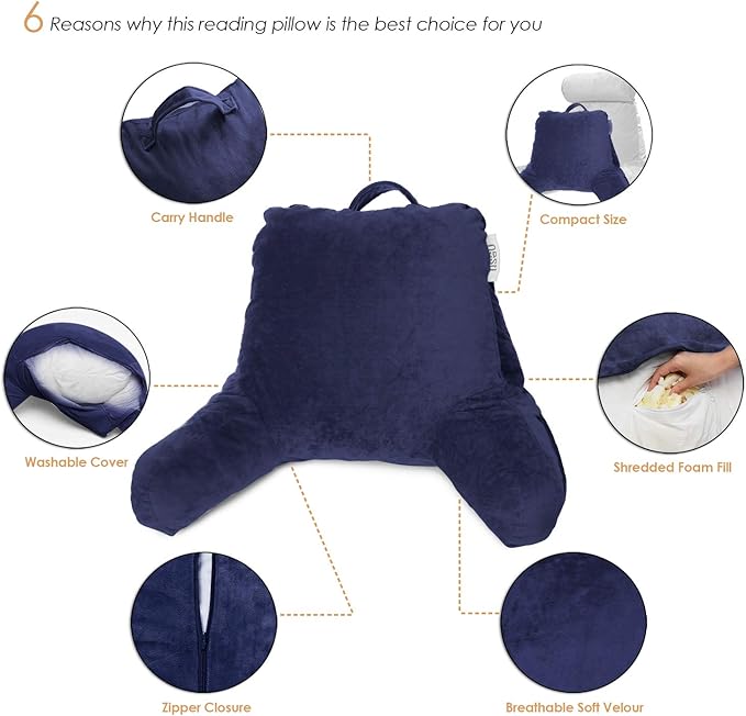 Nestl Reading Pillow for Kids, Small Bed Pillow, Back Pillow for Sitting in Bed, Memory Foam Chair Pillow, Reading & Bed Rest Pillows, Navy Blue Back Pillow for Bed, Arm Pillow with Pockets