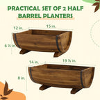 IDZO Solid Acacia Wood Half Barrel Planters Outdoor Set of 2 Different Sizes, Wooden Planters for Outdoor Plants with Metal Bands & Drainage Holes, Legs Included, Brown