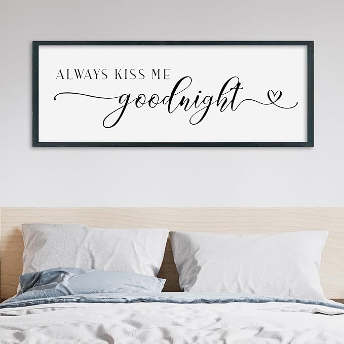 SRSZHIYUE Always Kiss Me Goodnight Sign Wall Decor Art for Master Bedroom Above Bed 40"×15" Large Wood Framed Wall Hanging (Black)