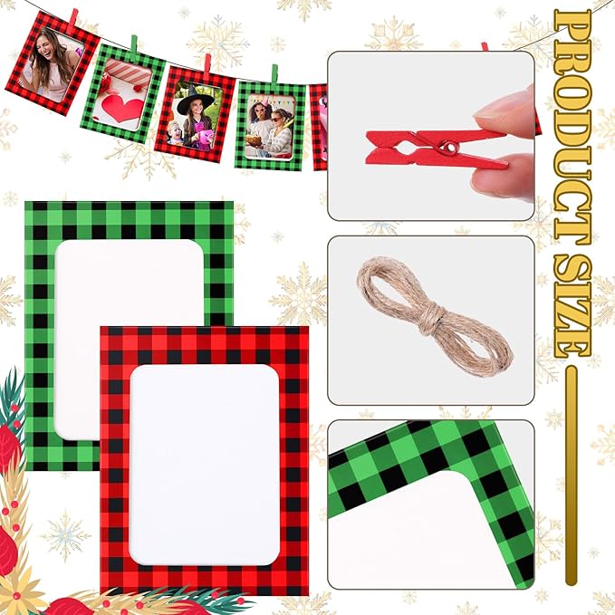 Janlaugh 100 Pcs Christmas Paper Photo Frames 4x6 Red and Green Paper Picture Frame with 100 Clip 10 String Kit DIY Hanging Cardboard Photo Holder Christmas Wall Decor Wedding Home