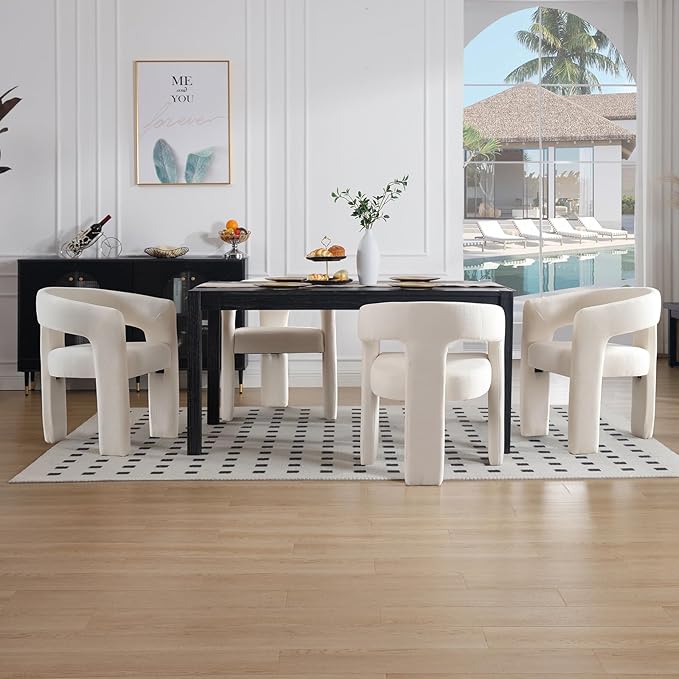 White Chenille Dining Chairs Set of 6, Modern Barrel Dining Room Chairs Upholstered Accent Chair with Arms and Round Back for Living Room Kitchen Armchair No Assembly Needed