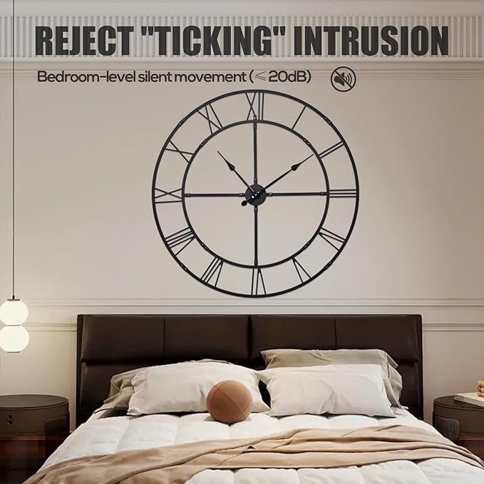 Extra Large 40 Inch Wall Clock for Living Room Decor – Silent Non-Ticking Modern Farmhouse Wall Clock, Oversized Decorative Metal Roman Numeral Clock, Black