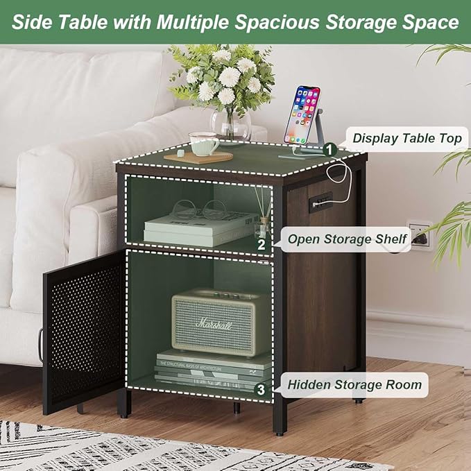 FATORRI End Table with Storage, Rustic Side Table for Living Room, Narrow Wood and Metal Bedside Tables with Door (Walnut Brown)