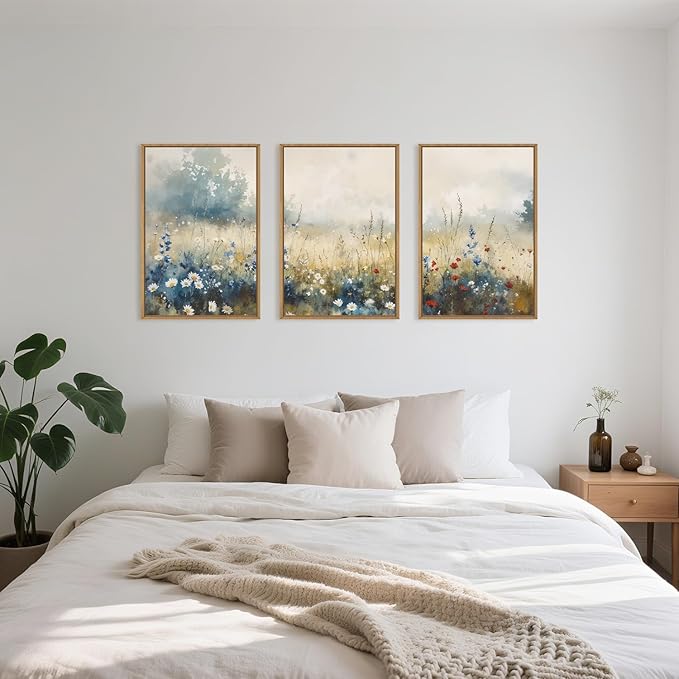 Nature Wildflower Framed Canvas Wall Art Set, Pastoral Landscape Wall Decor, Colorful Meadow Wall Painting, Rustic Floral Art Print for Living Room, Bedroom, Office - 16"X24"X3