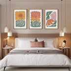 Large Abstract Boho Floral Wall Art Set Colorful Botanical Wood Wall Decor Modern Mid Century Artwork Neutral Bohemian Art Decor for Living Room Bedroom Office-16x24Inch x3