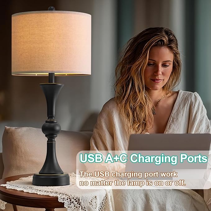 Table Lamps Set of 2, 28" Tall Bedside Table Lamp for Living Room, Bedroom, End Table Lamps with USB A+C Charging Ports, Modern Nightstand Lamps, Matte Black Finish, Farmhouse